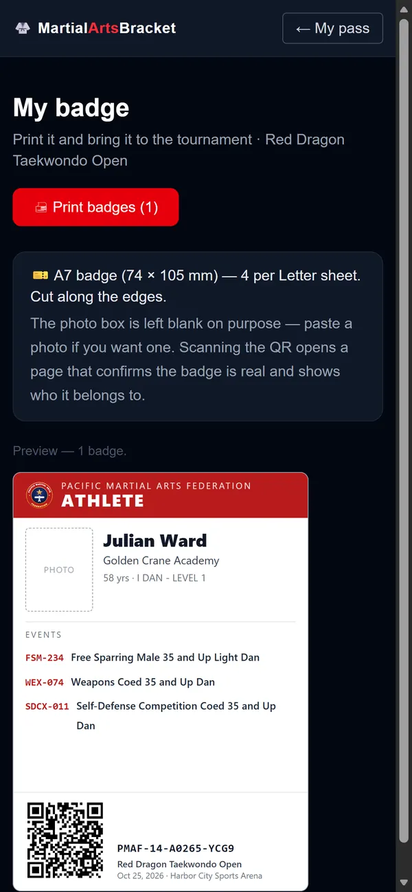 Competitor badge with QR